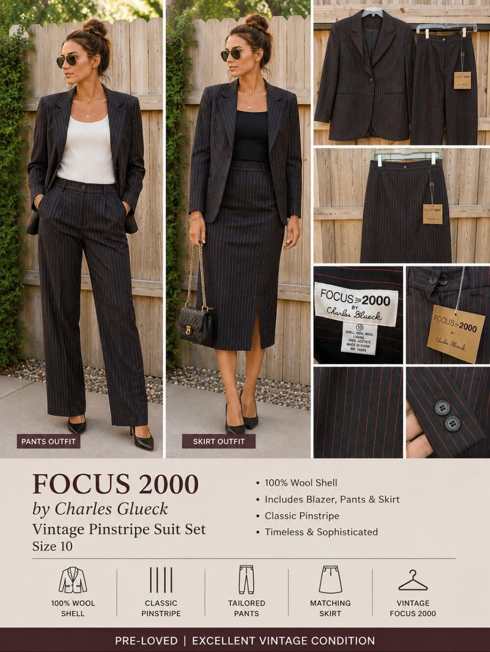 Vintage Focus 2000 Charles Glueck 3-Piece Wool Pinstripe Suit Size 10